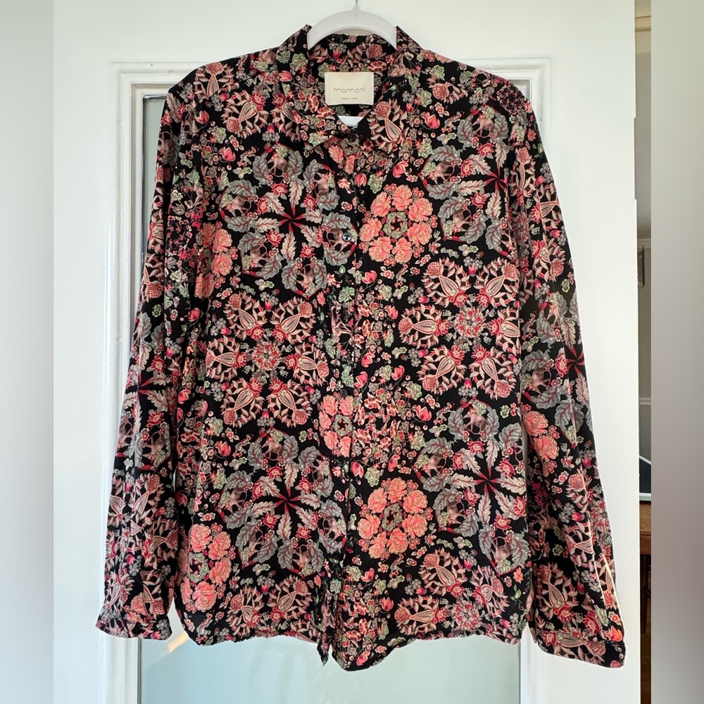 Momoni silk Blouse with Pink and Green floral Print on black background